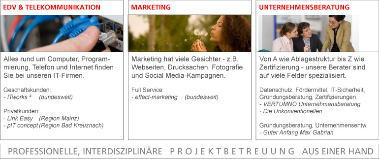 Rhein-Main Aktiv-Gruppe Unsere Geschäftsbereiche: EDV/IT/Telekommunikation - Unternehmensberatung/Gründercoaching/Zertifizierung - Marketing / Mitgliedsunternehmen: ITworks 2 KG - effect-marketing - Vertumno Unternehmensberatung - LinkEasy - pITconcept - Guter Anfang - Die Unkonventionellen